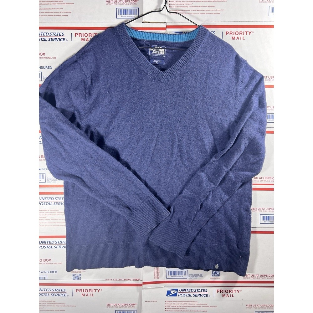 The North Face‎ Sweater Men's XL Blue Wool Blend V-Neck Camp Hike Golf Logo